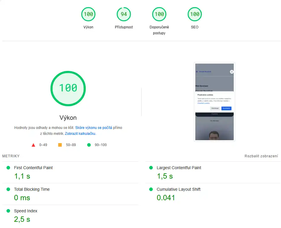 Obrázek výsledků měření Google pagespeed.dev
